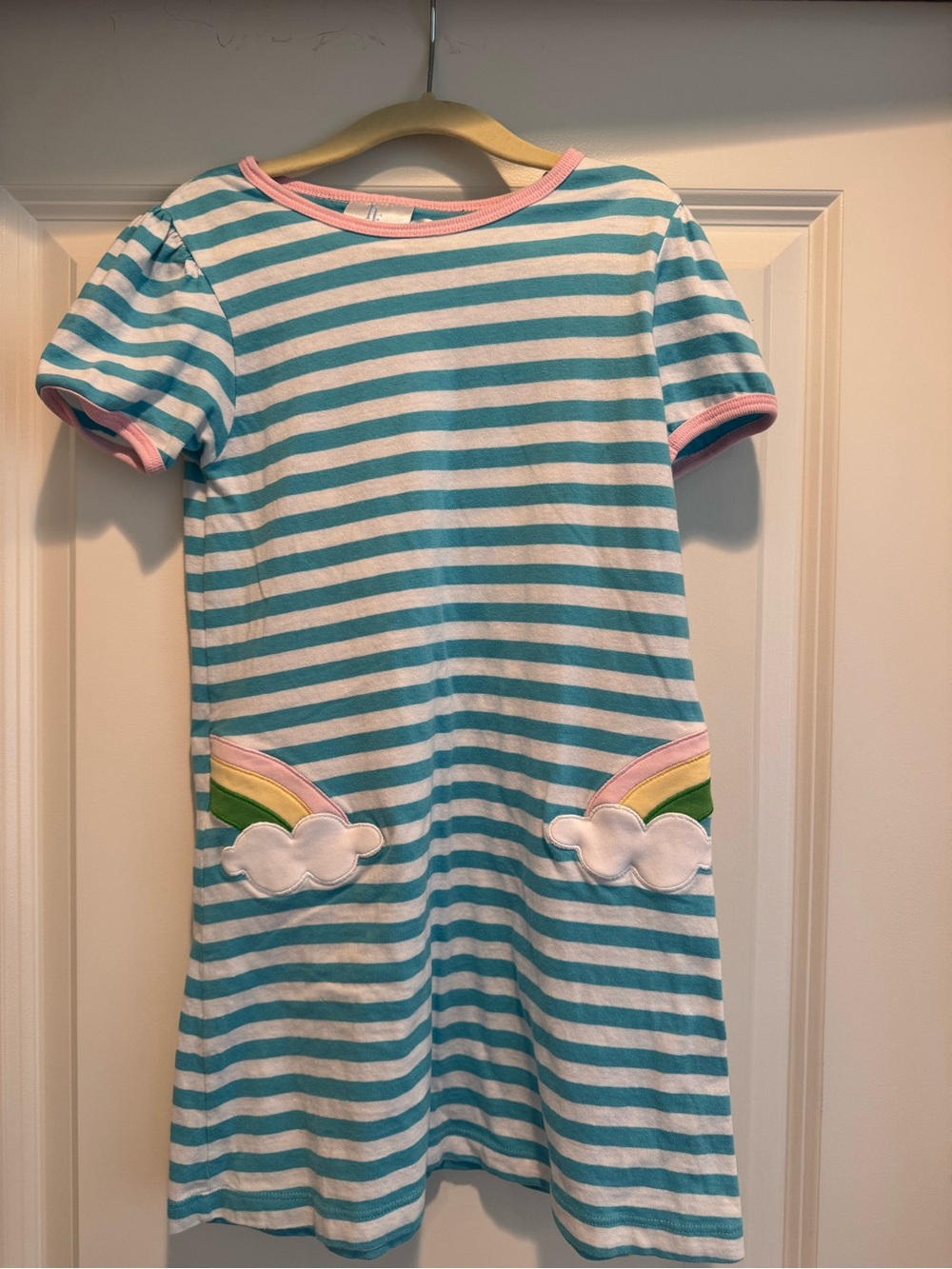 Little English Blue & White Stripe Nightgown with Pink Trim and Rainbow Pockets